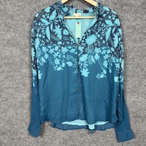 Pilcro Teal and Navy Floral Button-Up Blouse